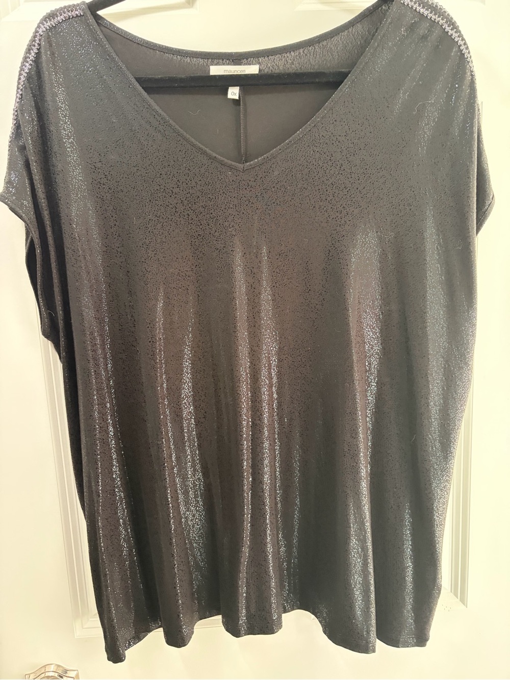 Maurices Shimmery Black V-Neck Top with Silver Shoulder Sleeve Accents Size 0X